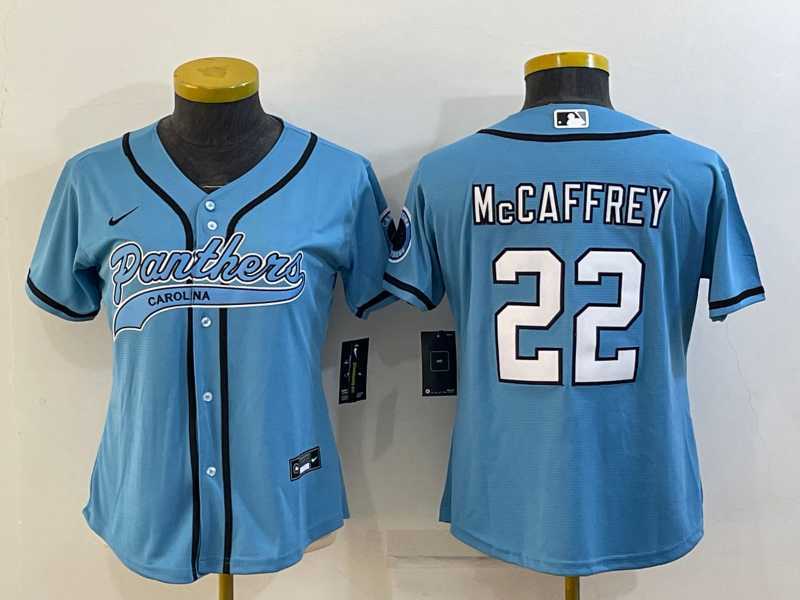 Womens Carolina Panthers #22 Christian McCaffrey Blue With Patch Cool Base Stitched Baseball Jersey->women nfl jersey->Women Jersey
